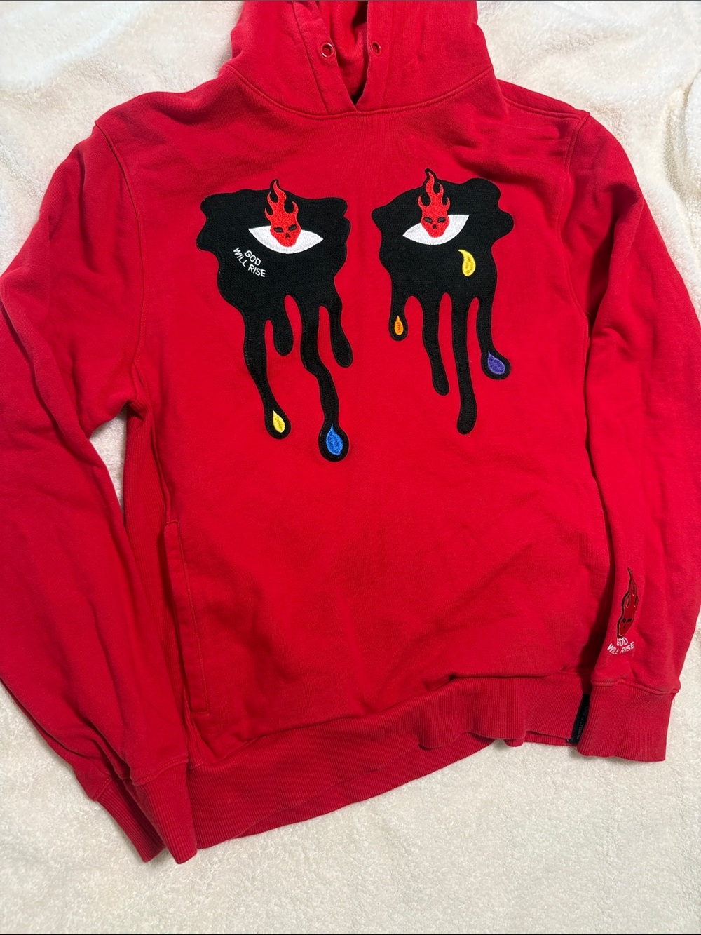 Roku Red Pullover Hoodie with Drip Eye Patch Design